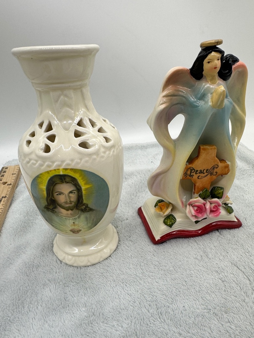Vintage Porcelain Angel & Ceramic Jesus Vase Peace Religious Figurine & Vase Set